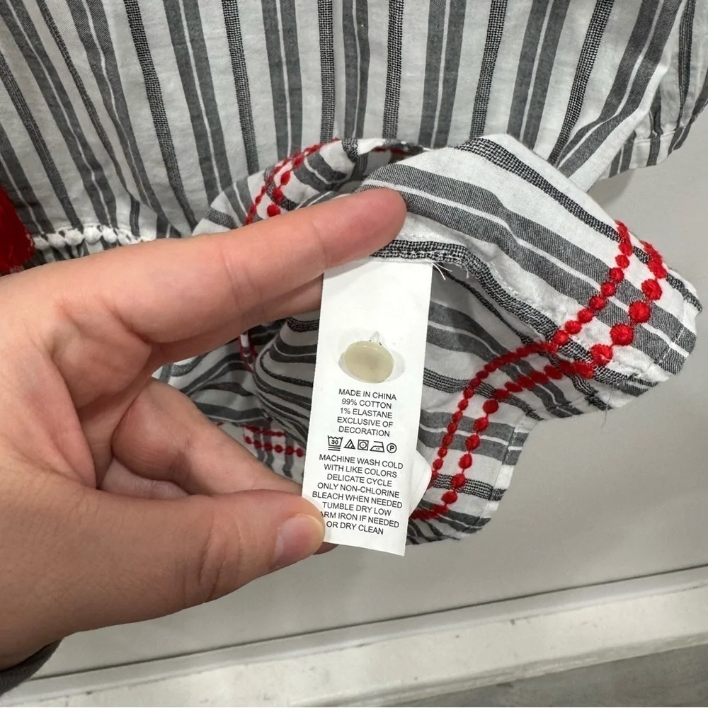 Kate Spade Broome Street Embroidered Stripe Peplum Blouse Tassle Red Grey Small